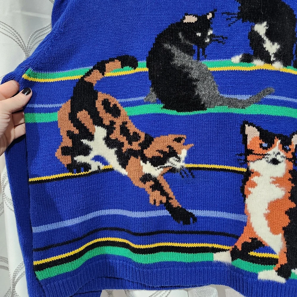 Vtg Susan Bristol Cat Sweater Navy Boxy 90s Crazy Cat Lady Size LARGE L Women's - Picture 5 of 9
